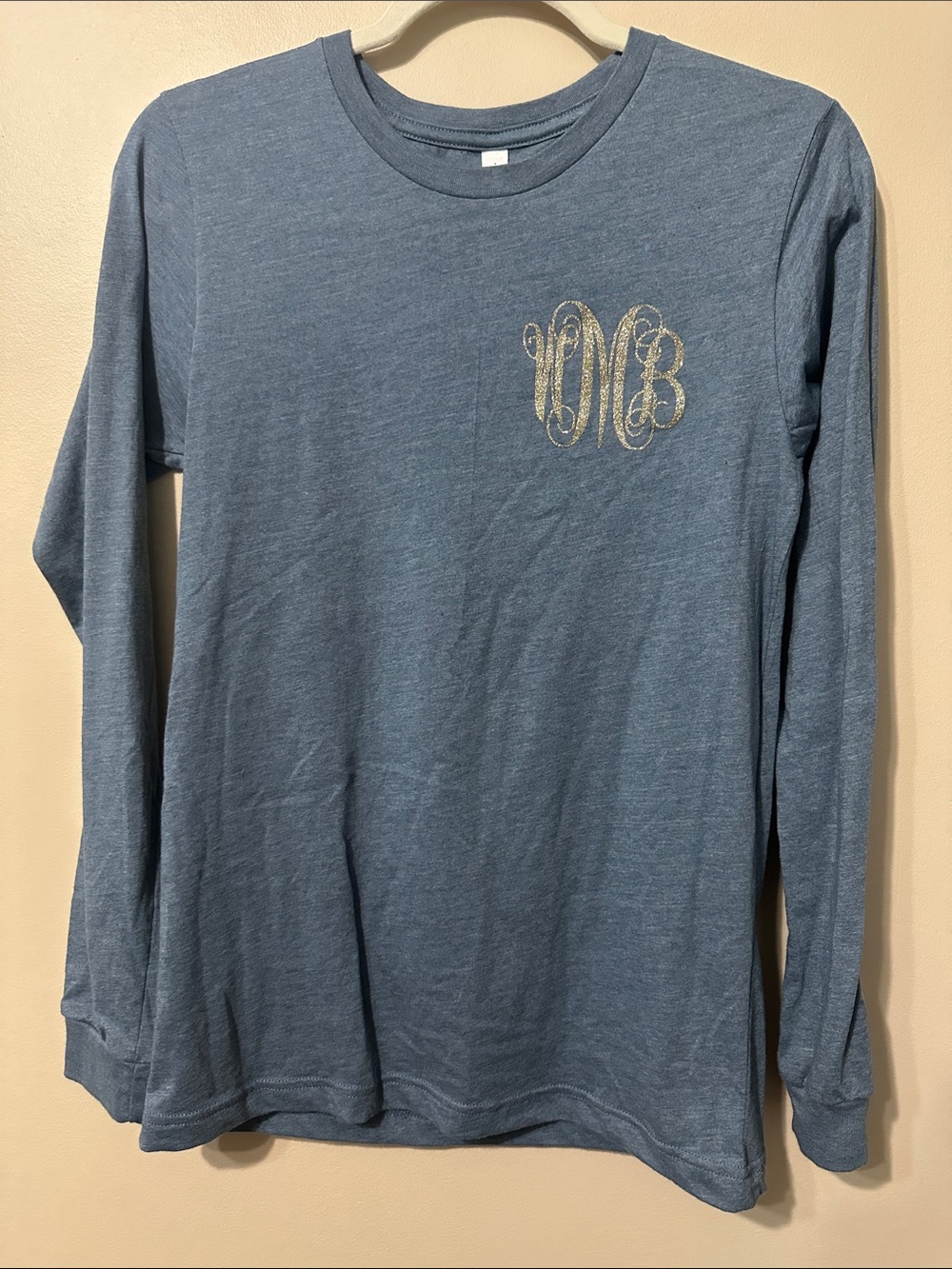 Bella Canvas Heather Blue Long-Sleeve Tee with Champagne Monogram “WBM”